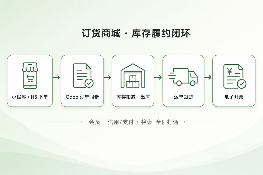 客户从前端下单后，订单实时进入 Odoo，完成扣库存、出库、运单与开票；会员、支付与商品检索贯穿全程，形成订货到履约的闭环。